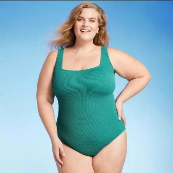 Women's Pucker Square Neck One Piece Swimsuit - Kona Sol Teal Green 22 - Picture 1 of 4